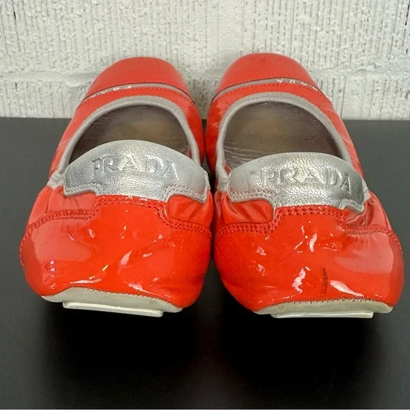 Prada Buffalo Lux Orange Silver Patent Leather Scrunch Ballet Flats Size 36 - Picture 3 of 16